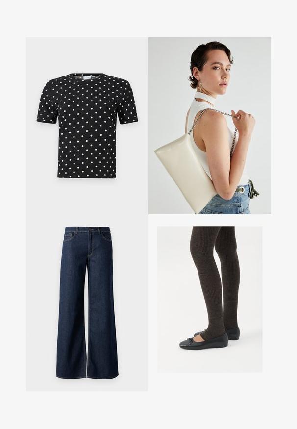 Black short-sleeve t-shirt with a ribbed texture and white polka dots, featuring a crew neckline and a fitted shape.; Wide-leg jeans in dark blue denim. Features contrast stitching, five pockets, and a button closure at the waist. Smooth texture.; Black flat shoes with a small bow detail at the toe, paired with dark brown ribbed tights. Shoes have a smooth texture and low profile.; White rectangular clutch bag made of glossy material, featuring a silver chain strap. Model poses, showcasing the bag against a plain background.