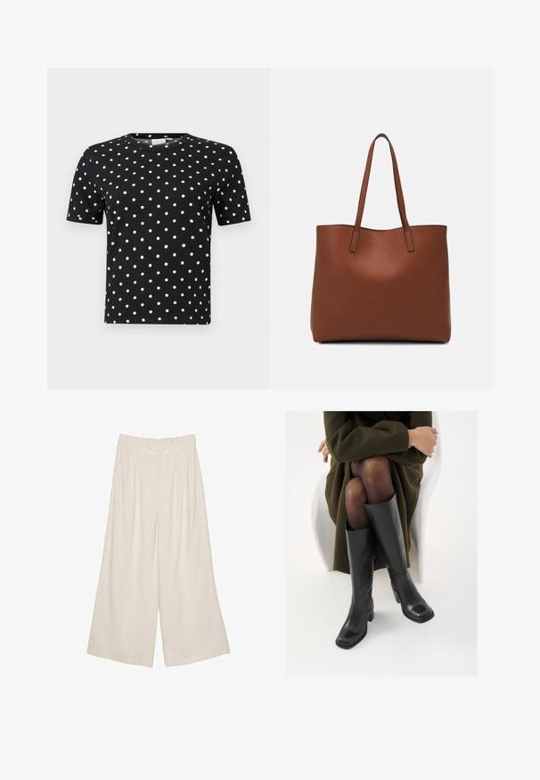 Musta lyhythihainen T-paita, jossa on ribbikuvio ja valkoisia pallukoita, pyöreä kaula-aukko ja vartalonmyötäinen malli.; Lakan levelegged hameet vaaleanbeige väri, jossa on poimutettu muotoilu ja joustava vyötärö mukavuutta ja helppokäyttöisyyttä varten.; Polvisuoja mustat nahastossud, millel on ruudukujuline varvas ja plokk-kints, on esitatud mudeli seljas, kes istub oliivrohelises mantlis. Sile tekstuur, minimaalne detailitus.; Ruskea nahkainen olkalaukku, jossa on sileä pinta, avoin yläosa ja kaksi olkahihnaa. Omaavat vain minimaalisen ompelun eikä näkyvää metalliosaa.