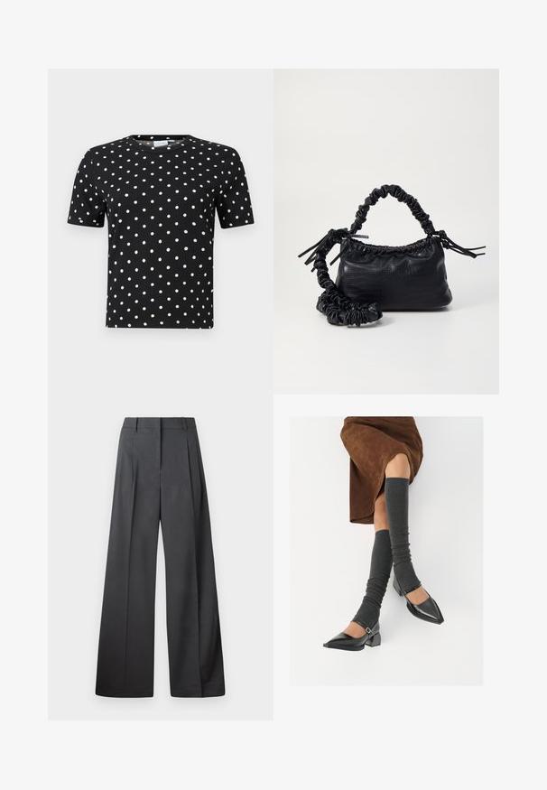 Juodas trumpas rankovės marškinėliai su suglebusia tekstūra ir baltais taškeliais, turintys apvalų iškirpimą ir prigludusią formą.; Tamsiai pilkos plačios kojos kelnės, turinčios aukštą liemenį, vieną raukšlę ir sklandžią tekstūrą su tvarkingais kraštais.; Juodi lakuoti odiniai batai su aštriu kuma ir bloko kulnu, derinami su pilkais riebiais kojų šildytuvais ir rudais zomšiniais sijonais.; Juodas dirbtinės odos rankinė su krokodilo tekstūra, sušnibždinta viršuje ir susikraipytu dirželiu. Atrodo minkšta ir kompaktiška.