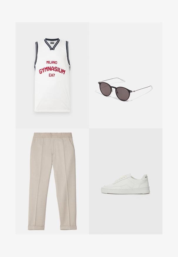 EA7 Emporio Armani TANK - Tops - star white; Filippa K TERRY CROPPED TROUSERS - Auduma bikses - sage melange; Baltas ādas sneakers ar gludu virsmu, apaļu pirkstu daļu, plakaniem šņorēm un teksturētu zoli. Satur diskrētu logotipu uz papēža.; Melni apaļi saulesbrilles ar tumšiem lēca un plānām metāla stangām. Iekļautas caurspīdīgas tempļu galviņas un sudraba akcenti pie eņģes. Minimalistisks dizains.