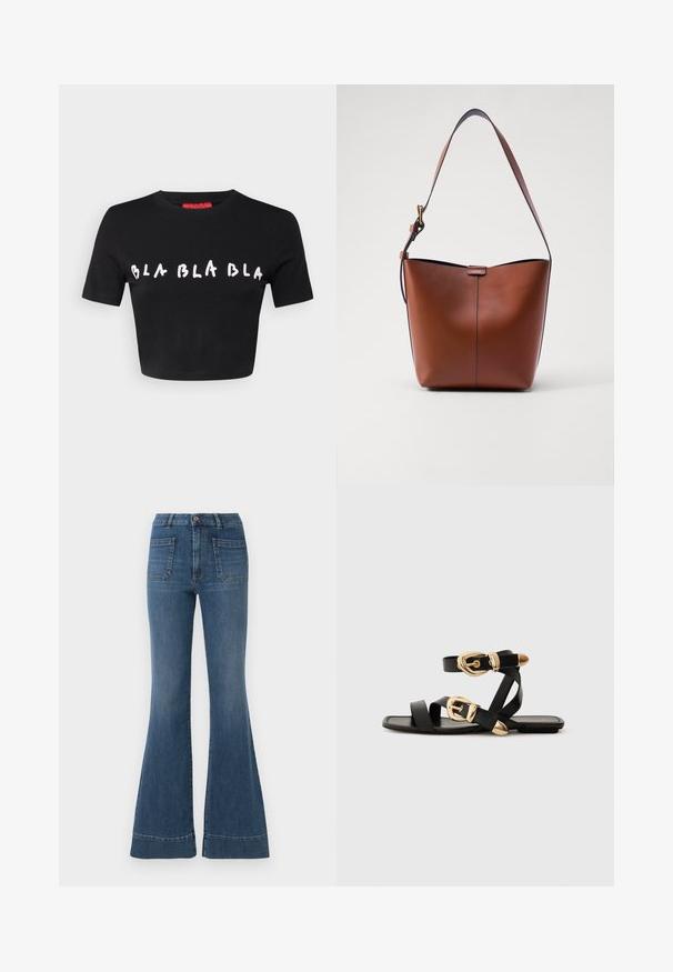 Black cropped t-shirt made of cotton with short sleeves. Features white text "BLA BLA BLA" in a playful font across the front.; Flared blue jeans in a medium wash, featuring a high waist, five pockets, and slight fading around the knees and thighs.; Black leather sandals with gold buckle accents, featuring multiple straps and a flat sole design for open-toe wear.; Brown leather shoulder bag with a curved shape, smooth texture, and a single thin strap. Features a subtle seam and a small logo detail.