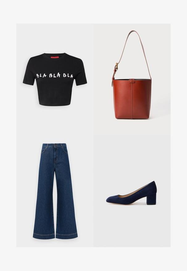 Čierne skrátené tričko s krátkymi rukávmi vyrobené z bavlny. Na prednej strane má biele písmo "BLA BLA BLA" v hravom type písma.; Modré denimové nohavice so širokými nohavicami a vysokým pásom, ktoré majú gombíkový zapínanie, pútka na opasok a jemné švy pozdĺž vreciek a lemov.; Námořnické modré semišové lodičky s špičatou špičkou a středním blokovým podpatkem. Hladká textura s jemným leskem a malým výstřihem vpředu.; Hnedá kožená vedierková kabelka s nastaviteľným ramenným popruhom a zlatým sponou, jednoduchý vertikálny šev na prednej strane.