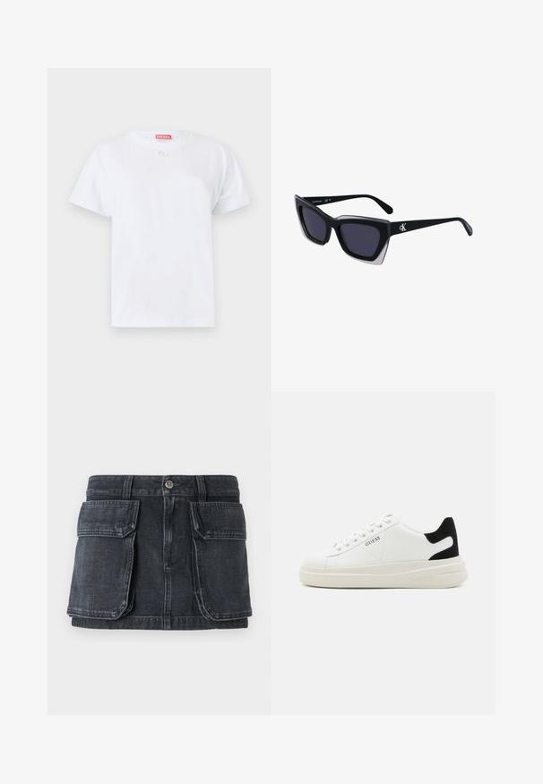 Valkoinen puuvillapaita lyhyillä hihoilla, pyöreällä kaula-aukolla ja pienellä logolla rinnassa. Yksinkertainen muotoilu, sileä rakenne ja suora helma.; Musta farkkuhame, jossa on istuva vyötärö, napitus, kaksi suurta etutaskua ja kontrastiväriset tikkauskoristukset.; Valkoiset nahkakengät paksulla valkoisella pohjalla, mustalla mokkanahkaosuudella kannassa ja kohokuvioitu logo sivulla. Nauhakeskitys kuudella reiällä.; Mustat ylisuuret aurinkolasit, joissa on geometrinen muoto, tummat linssit ja kehykseen erottuva harmaa yksityiskohta. Logo varressa.