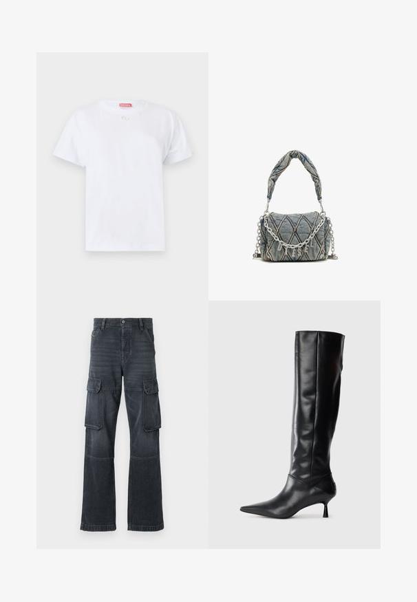 Vit bomulls T-shirt med korta ärmar, rundad halsringning och en liten logotyp på bröstet. Enkla linjer, mjuk textur och rak fåll.; Mörkgrå cargobyxor i denim, med två sidofickor och en vida ben-design. Sömmar och kanter med stickad detalj.; Svart läderknähigh boot med spetsig tå och smal, böjd klack. Slät textur, åtsittande design och ingen synlig hårdvara eller mönster.; Jeansväska med quiltat mönster, blå färg, kort flätad handtag och silverfärgad kedjerem med metallisk märkesbokstavdekoration.