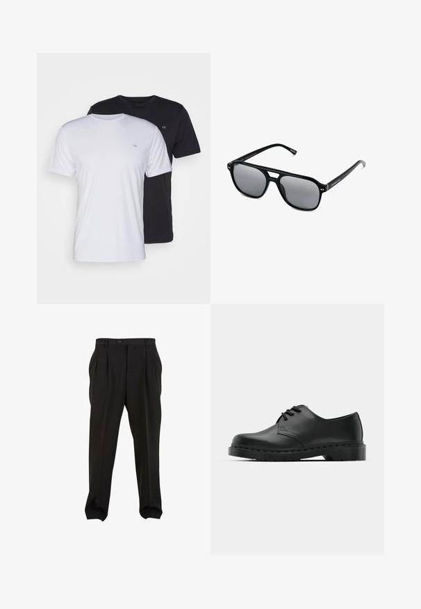 Dos camisetas de algodón en blanco y negro, de manga corta y cuello redondo, con un pequeño logo en el pecho, de textura suave.; Pantalones negros de tejido suave, con pliegues frontales, cinturilla con botón y puños en los tobillos ajustados. Silueta clásica y ajustada.; Zapato oxford de cuero negro con diseño de cordones, punta redonda, suela de goma plana y un sutil detalle de costura en la parte superior.; Gafas de sol negras con montura rectangular, lentes ahumados grises y diseño con corte en el puente. Material plástico brillante y elegante, con varillas estrechas.