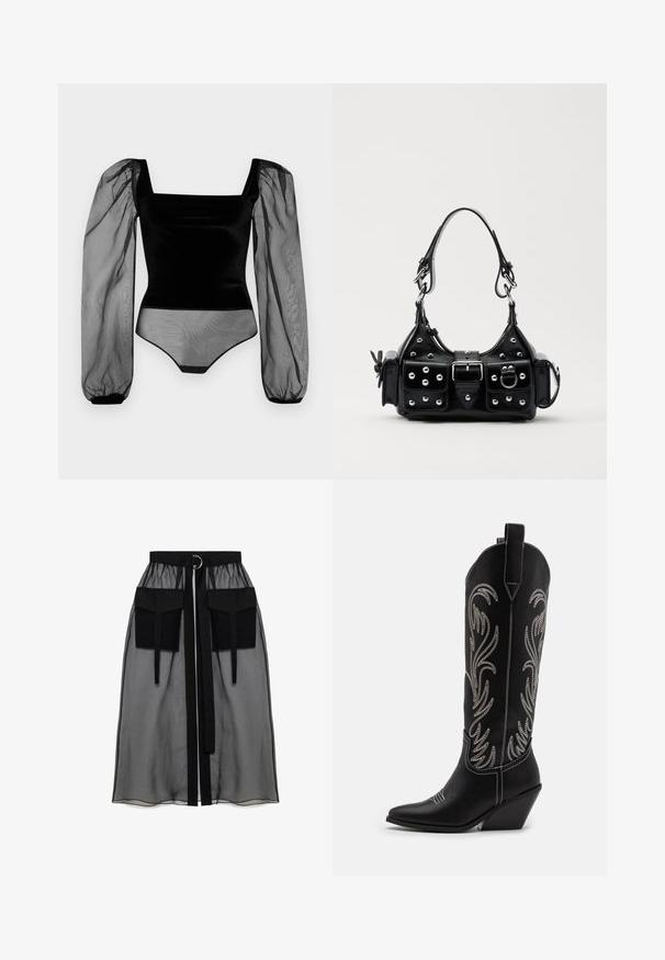 Sort bodysuit med firkantet udskæring og gennemsigtige puffærmer. Fremstillet af blødt stof, har en strømlinet design og trykknaplukning forneden.; Sort gennemsigtig nederdel med en rynket talje, der har to store forlommer, et taljebånd og en cirkulær metaldetalje.; Sorte læder cowboystøvler med spidse tæer, kilehæle og sølv broderede blomster mønstre langs skaftet. Kontrast syning overalt.; Sort læderhåndtaske med et buet design, prydet med sølvfarvede nitter, en spænde og to sidelommer. Justerbar rem til forskellige bære muligheder.