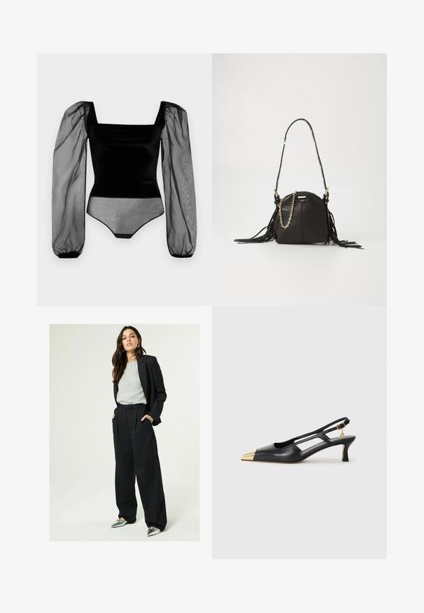 Mustmustal mustriba koos ruudukujulise dekoltee ja läbipaistvate puhvärvlitega. Valmistatud pehmest kangast, omab voolujoonelist disaini ja nööbiga sulgemist allosas.; Mustaga sobradeeritud bleiser heledast hallist T-särgist, koos laia jalgadega mustade pükstega ja hõbedaste terava ninaga korteritega.; Must must kottislingidega must nahkne king, millel on terav varvas ja kuldne metallist kapuuts. Omab lõikekujundust ning peaõhuke konts koos reguleeritava rihmaga.; Mustvalge nahast käekott ümarate servadega, millel on frantsi kaunistused, pikk õlavarre rihm ja kuldne ketielement.