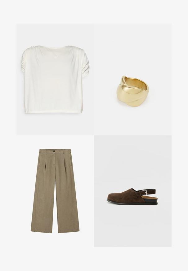 Top corto a maniche corte in avorio con dettagli arricciati sulle spalle e scollatura tonda. Tessuto morbido e leggero con una leggera lucentezza. Logo posizionato sul retro.; Camicia bianca a maniche lunghe con colletto a punta, chiusura frontale con bottoni e orlo dritto. Realizzata in tessuto morbido con un aspetto fresco e pulito.; Pantaloni a gamba larga color taupe chiaro con una texture liscia, caratterizzati da una piega frontale, passanti per cintura e chiusura a bottone in vita.; Scarpa slip-on in suede marrone con tacco basso, cinturino regolabile con fibbia argentata e suola in gomma nera.; Anello color oro con un design liscio e attorcigliato. Presenta una superficie lucida e bordi arrotondati, creando una forma fluida e continua.