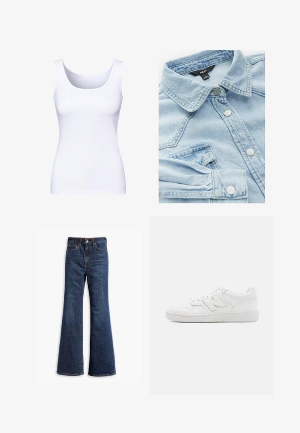 Biała koszulka na ramiączkach z okrągłym dekoltem i grubymi ramiączkami. Wykonana z gładkiego, elastycznego materiału, o dopasowanym kroju.; Jasnoniebieska dżinsowa kurtka z klasycznym kołnierzykiem, srebrnymi guzikami i kieszenią na piersi; cechuje się lekko wyblakłą teksturą oraz detalami przeszycia.; Jeansy z wysokim stanem w ciemnoniebieskim kolorze, z rozszerzanymi nogawkami, zapinane na guzik i zamek, z pięcioma kieszeniami.; Białe sneakersy z gładkiej skóry, z perforowanym noskiem, teksturowaną gumową podeszwą, płaskimi sznurówkami i wyraźnym logo 'N' z boku.