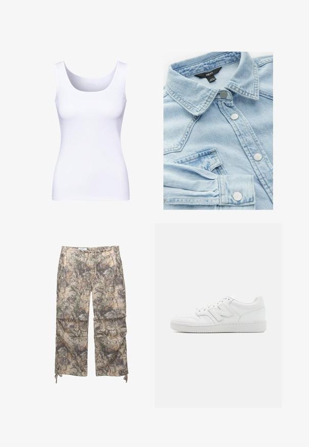 Canottiera bianca con scollatura rotonda e spalline spesse. Realizzata in tessuto liscio e elastico, presenta una silhouette aderente.; Giacca di jeans azzurro chiaro con colletto classico, bottoni argentati e taschino sul petto; presenta una texture leggermente sbiadita e dettagli di cucitura.; Pantaloni con motivo camouflage in tessuto leggero, con elastico in vita, tasche laterali e cordini regolabili alle caviglie.; Sneaker bianco realizzato in pelle liscia, con punta perforata, suola in gomma testurizzata, lacci piatti e un prominente logo 'N' sul lato.