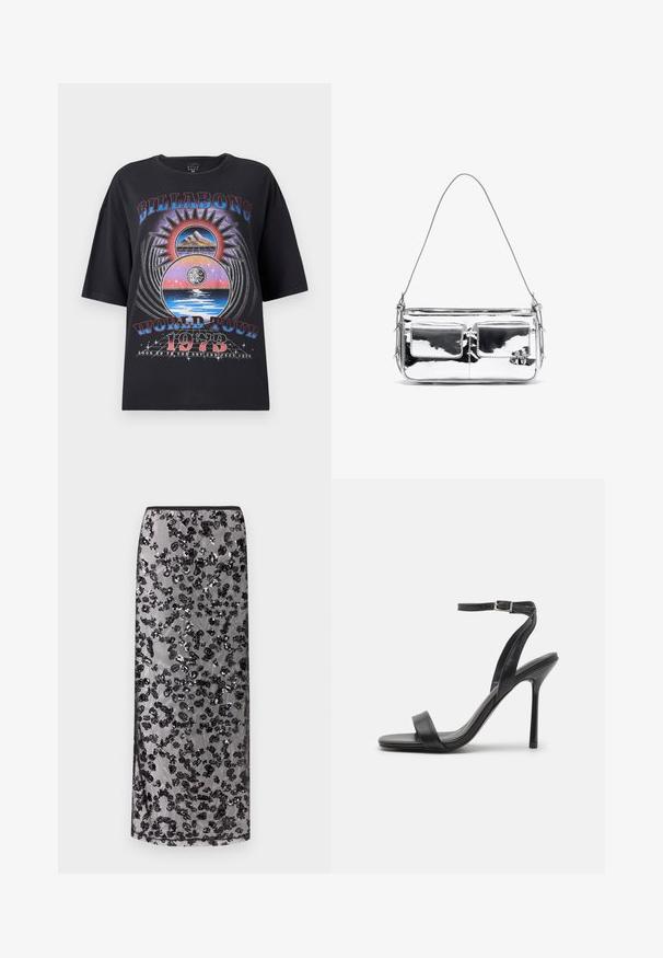 Black oversized t-shirt featuring a colorful graphic design with mountains, sun, and water elements. Text includes "Billabong World Tour 1973."; Long black skirt with sheer overlay adorned with scattered black sequined floral patterns, against a neutral background.; Black high-heeled sandal with a slim ankle strap and two front bands. Made of smooth leather with a sleek pointed toe and stiletto heel.; Silver metallic shoulder bag with two front pockets, smooth texture, stitch detailing, and a single detachable strap. Compact rectangular shape.
