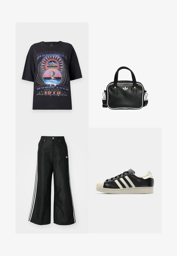 Černé oversized tričko s barevným grafickým designem zahrnujícím hory, slunce a vodní prvky. Text obsahuje "Billabong World Tour 1973."; Černé široké džíny s třemi bílými pruhy po stranách a malým bílým logem. Obsahují přední kapsy a zapínání na knoflík.; Černé kožené sneakers s bílými pruhy, gumovou špičkou, černými tkaničkami a krémovou podešví. Hladký povrch s lesklým finišem.; Černá kožená kabelka se dvěma krátkými uchy, stříbrným kováním, bílými detaily a bílým logem. Má texturovaný povrch a kompaktní design.