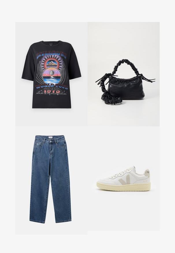 Black oversized t-shirt featuring a colorful graphic design with mountains, sun, and water elements. Text includes "Billabong World Tour 1973."; Classic blue denim jeans with a straight-leg design, five pockets, and a button closure. Features a medium wash and sturdy texture.; White leather sneaker with beige suede accents, perforated toe box, flat laces, and a textured cream sole. Features subtle branding on heel.; Black faux leather handbag with a crocodile texture, cinched top, and a scrunched strap. Appears soft and compact in design.