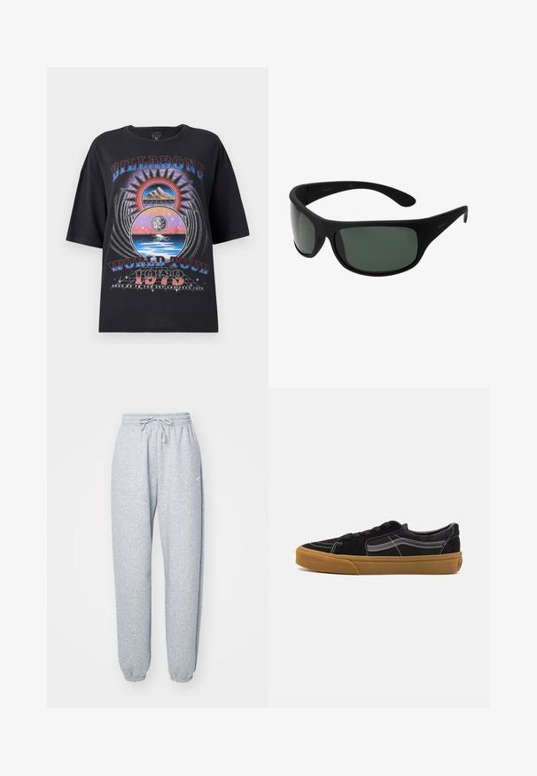 Black oversized t-shirt featuring a colorful graphic design with mountains, sun, and water elements. Text includes "Billabong World Tour 1973."; Light gray sweatpants made of soft cotton blend, featuring an elastic waist with drawstring, tapered legs, and ribbed cuffs. Minimal branding detail.; Black suede sneakers with white stitching and signature side stripe, featuring a tan rubber sole and low-top design. Laced with black shoelaces.; Black wraparound sunglasses with dark green lenses. Matte finish, curved design, with straight arms and subtle branding on the side.