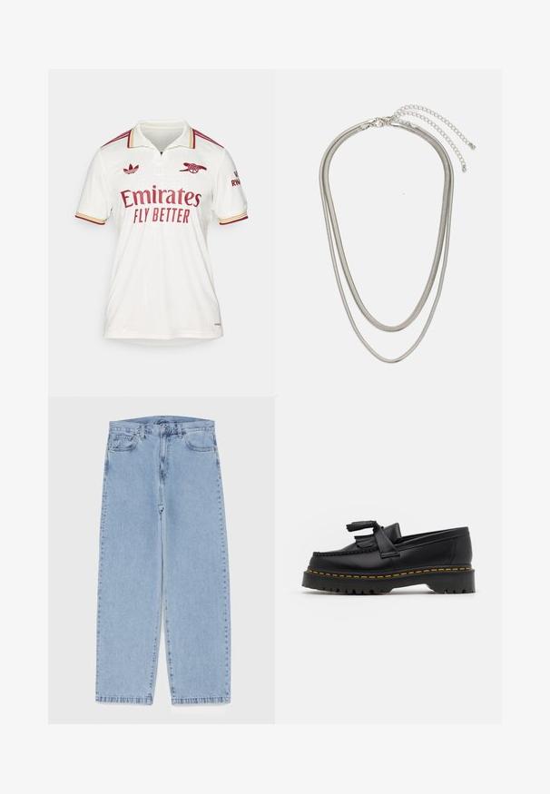 adidas Performance ARSENAL FC 25/26 3RD JERSEY - Sporto klubų atributika - cloud white/team coll burgundy; Šviesiai mėlyni džinsai su tiesiomis kojomis, turintys vidutinio aukščio juosmenį, penkias kišenes ir mygtuko bei užtrauktuko uždarymą.; Juodas odinis loaferis su kutais, turintis masyvų juodą pado ir geltonus siūlus palei kraštą. Textūruota danga.; Trijų sluoksnių sidabrinė metalinė apyrankė, kuri pasižymi stilingomis, lankstosiomis grandinėlėmis su švelniu blizgesiu, užsegama krabų užsegimu ir reguliuojama grandinė.