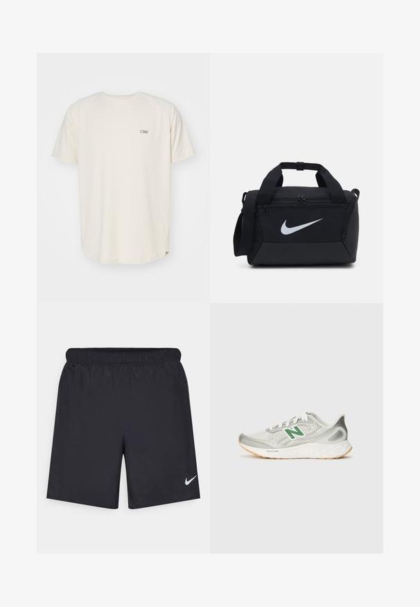 Kremfarget T-skjorte med rund hals og korte ermer. Har en liten grå logo på venstre bryst. Myk tekstur, avslappet passform.; Svart sportskjørt laget av lett materiale med elastisk linning. Har en liten hvit Nike-logo nederst til venstre.; Herretrimmesko med lett nettingoverdel i grått og hvitt, med en grønn logo, teksturerte detaljer og en hvit polstret såle.; Svart treningsbag med glatt stoff, doble glidelåslommer, polstrede håndtak og en stor hvit Nike-logo på forsiden.