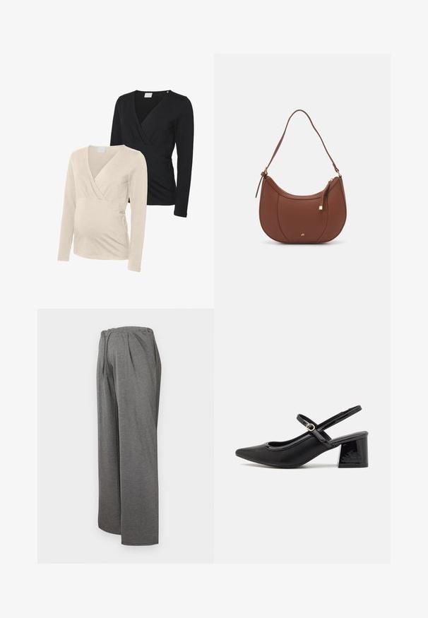 Twee zwangerschapsshirts met lange mouwen in crème en zwart. Beide hebben een V-halsontwerp en zachte stof, geschikt voor comfort en rekbaarheid.; Grijze wijde broek gemaakt van zachte, lichtgewicht stof. Kenmerkt zich door een elastische tailleband en plooien aan de voorkant, wat zorgt voor een comfortabele pasvorm.; Zwarte gepolijste leren slingback hakken met een spitse neus, een ronde uitsnede en een blokhak. Voorzien van een gouden gespaccent.; Bruine faux leren schoudertas met een gebogen vorm, minimale stiksels en een gouden hardware-accent. Voorzien van een bovenste ritsluiting en een verstelbare schouderband.