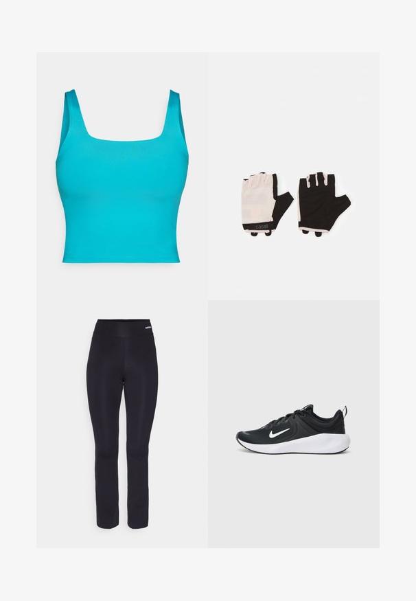 Top scurt în nuanță de turcoaz, cu decolteu pătrat larg, textura netedă și fără modele sau elemente metalice vizibile. Bretele scurte și late.; Pantaloni sportivi negri cu o textură netedă, talie elastică lată și un design ajustat, care se îngustează ușor spre gleznă.; Pantofii sport negri sunt realizați dintr-un material superior respirabil, au logo-ul alb Swoosh, o talpă intermediară albă netedă și o talpă exterioară texturată neagră.; Mănuși pentru fitness cu un design roz deschis și negru, fabricate dintr-un material respirabil, având o curea de încheietură ajustabilă și accente cu textură pentru prindere.