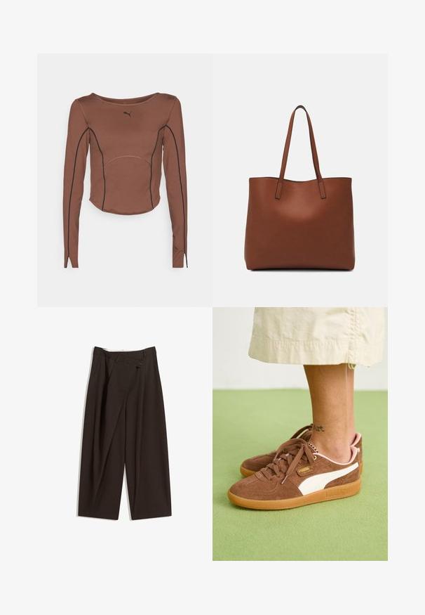 Rjav dolg rokav vrh iz gladkega materiala, ki vsebuje črne poudarke pri šivanju, zaobljen ovratnik in prilegajoč dizajn.; Temno rjave široke hlače z visokim pasom, ki imajo en gumb za zapiranje in zamaščen sprednji del. Narejene so iz lahkega blaga.; Rjave nubuk tene s sivo-belimi detajmi, gumijastim podplatom in roza peto. Videz čipk in detajl blagovne znamke je viden. Tatu na gležnju je delno viden.; Rjava usnjena torba z gladko teksturo, odprto zasnovo zgoraj in dvema naramnima trakovoma. Opremljena je z minimalnim šivanjem in brez vidnih kovinskih delov.