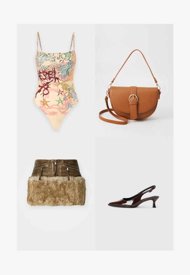 Plavky s tenkými ramínky, vyrobené z měkké tkaniny. Obsahují barevné grafické vzory včetně květin, hvězd a abstraktních tvarů na světle broskvovém pozadí.; Hnědá kožená sukně s umělou kožešinou na spodním lemu, která má dvě kapsy na zip a hladký povrch v horní části.; Hnědé lakované kožené slingback boty s špičatou špičkou a mírným podpatkem. Disponují přezkou pro bezpečné upevnění. Hladký povrch.; Hnědá kožená křížová taška s zakřiveným tvarem, zlatými detaily a akcentem s přezkou. Obsahuje odnímatelný popruh na rameno.