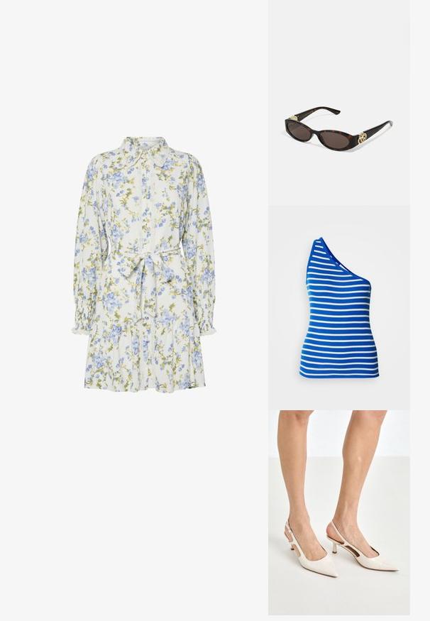 Mouwloze top met één schouder in blauw en wit met horizontale strepen. Gemaakt van ribbelstof met een aansluitende pasvorm en een contrasterende halslijn.; Bloemendress in het wit met blauwe en groene bloemen, voorzien van een kraag, knoopsluiting aan de voorkant, lange mouwen met elastische manchetten en een tailleband.; Beige gepatineerde leren slingback hakken met een spitze neus en een hak van 5 cm, met uitsparingen aan de zijkanten en een dunne enkelband.; Schildpadbril met langwerpige ovale lenzen, bruine tint, gouden logo-accenten op de pootjes en slanke zwarte armen.; Beige handtas met een patroon en een gebogen vorm, leren accenten en een goudkleurig logo aan de voorkant. Beschikt over een kort handvat voor gemakkelijk dragen.; Parel- en kristallen ketting met een ronde, gehaakte ontwerp in lichte tinten, met afwisselend parels en sprankelende accenten, gedragen om de hals.