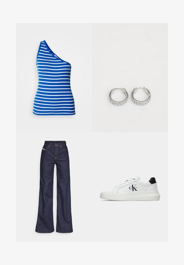 Top sans manches à une épaule en bleu et blanc à rayures horizontales. Fabriqué en tissu côtelé, il a une forme ajustée et un col contrasté.; Jeans ample bleu foncé en denim avec taille haute, ornés de surpiqûres orange, d'un design à cinq poches et d'une fermeture à bouton.; Baskets basses blanches avec un tab de talon noir, semelle plateforme, lacets et logo "CK" de Calvin Klein sur le côté.; Boucles d'oreilles en argent en forme de créole avec un design texturé comportant des rayures verticales. Forme circulaire avec un fermoir à attache sécurisée. Fini lisse.