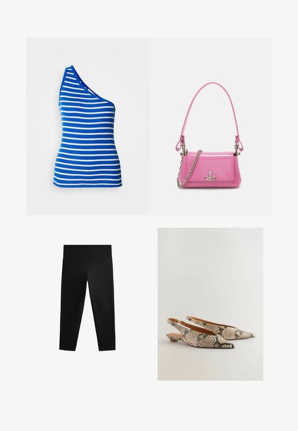 Ärmelloses Top mit einem Schulterträger in blau-weiß gestreift. Gefertigt aus geripptem Stoff mit taillierter Passform und einem kontrastierenden Ausschnitt.; Schwarze Sportleggings mit hohem Taillenbund, glattem Material und figurbetontem Schnitt, designed für Bewegungsfreiheit und Komfort.; Next REGULAR FIT FOREVER COMFORT POINT TOE - Sling-Ballerina - snake; Rosa lackierte Handtasche mit rechteckiger Form, abnehmbarer Kettenriemen und silbernen Hardware-Details auf der Vorderseite.; Drei Plastikhaarklammern in Pastellfarben: Rosa, Gelb und Blau, geformt wie Blütenblätter, mit einem Federmechanismus und glänzender Oberfläche.