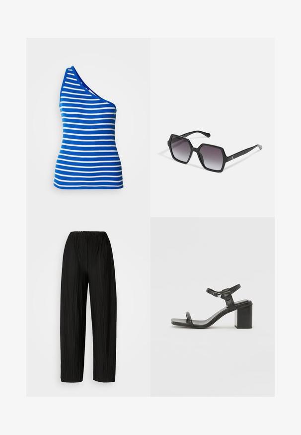 Sleeveless one-shoulder top in blue and white horizontal stripes. Made of ribbed fabric with a fitted shape and a contrasting neckline.; Black pleated wide-leg pants with an elastic waistband. The fabric features vertical pleats and a smooth texture.; Black leather block-heeled sandal with a wide strap across the toe and an adjustable ankle strap, featuring a sleek, minimalist design.; Black hexagonal sunglasses with gradient lenses, featuring a glossy finish and subtle branding on the temple. Durable plastic construction.