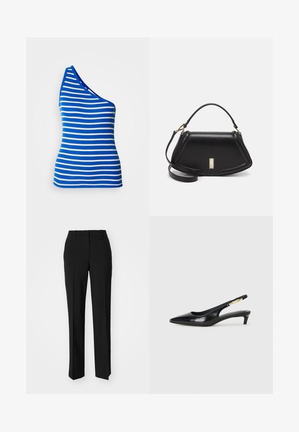 Ermeløs topp med én skulder i blå og hvite horisontale striper. Laget av ribbet stoff med en tettsittende fasong og en kontrasterende utringning.; Sorte skreddersydde bukser med rett silhuett, med en glatt tekstur og klare pressede bretter foran. Ingen synlig maskinvare.; Sorte lærreim hæler med spiss tå, som har en slank hæl og en gullfarget detalj på den justerbare stroppen. Glatt tekstur.; Sort lærveske med en strukturert design, som har en avkortet form, topphåndtak og detaljer i gull. Justerbar skulderstropp inkludert.