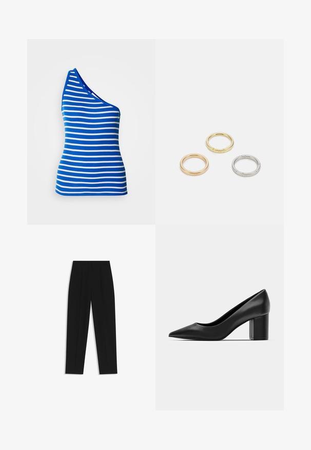 Sleeveless one-shoulder top in blue and white horizontal stripes. Made of ribbed fabric with a fitted shape and a contrasting neckline.; Black trousers with a straight fit, featuring double pleats, a smooth texture, and a classic waistband design. No visible hardware or accents.; Black leather pump with a pointed toe and a chunky square heel. Smooth texture, simple design, suitable for formal settings.; Three metal rings: one rose gold, one gold with textured accents, and one silver, all with engraved branding on the inner band.