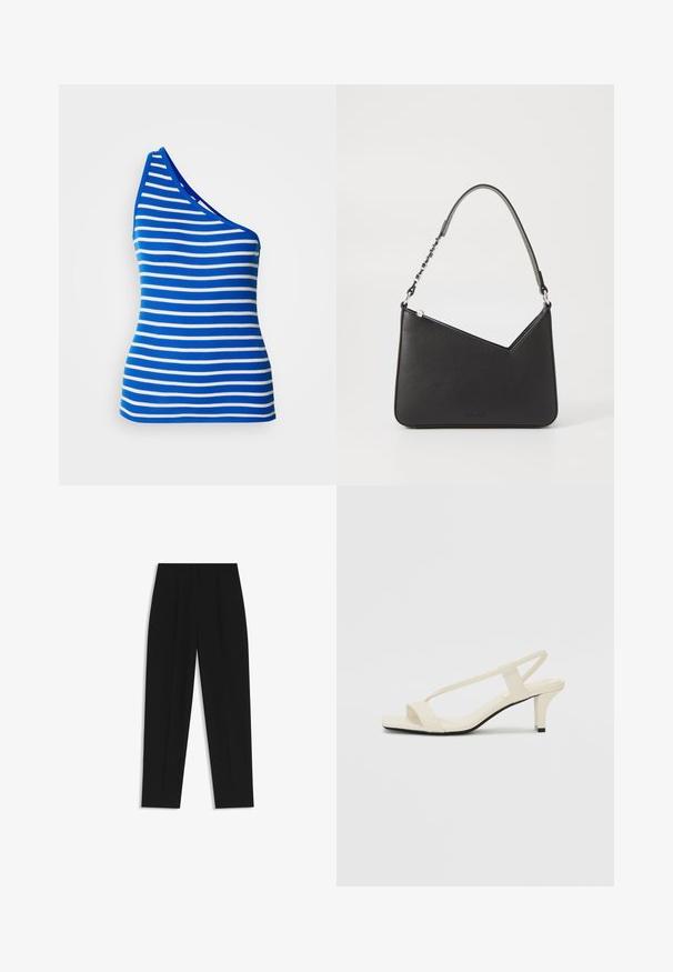 Top senza maniche a spalla unica nei toni del blu e bianco con righe orizzontali. Realizzato in tessuto a costine con una silhouette aderente e un collo a contrasto.; Pantaloni neri a taglio dritto, con doppie pieghe, una texture liscia e un design classico in vita. Nessun hardware o dettaglio visibile.; Sandali con tacco a blocco beige, con sottili cinturini e punta quadrata. Materiale liscio con dettagli minimi, progettati per un facile utilizzo.; Borsa a mano in pelle nera con forma triangolare, una tracolla sottile e accessori in argento. Presenta una chiusura con zip e un logo impresso sul davanti.