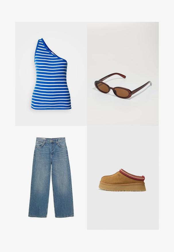 Mouwloze top met één schouder in blauw en wit met horizontale strepen. Gemaakt van ribbelstof met een aansluitende pasvorm en een contrasterende halslijn.; Lichtblauwe wijdleghenne gemaakt van denim. Kenmerken zijn vijf zakken, een knoopsluiting en een nette zoom. Overal vervaagd voor textuur.; Bruine suède instapschoen met een rood en crèmekleurig patroon aan de rand, een gestructureerde zool en het UGG-logo aan de zijkant. Heeft een lichte platformhoogte.; Ronde, bruin getinte zonnebril met een glanzend bordeauxrood frame. Slanke pootjes met subtiele merkdetails. Vlakke lensontwerp.; Blauwe gewatteerde denim schoudertas met een gouden kettingstrap en een opvallend gouden logo accent op de voorkant. Compact rechthoekig van vorm.