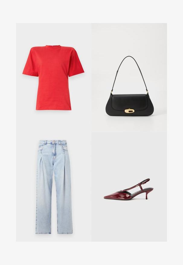 Lühikeste varrukatega punane T-särk, millel on sile kangas, ümar kaelus ja mugav lõige. Lihtne disain ilma mustrite või rõhutusteta.; Heledad sinise denimist valmistatud teksapüksid kõrge vöökohaga, laia jala lõikega, kahe külje taskuga ja pleedi disainiga. Pehme tekstuur ja pleekinud viimistlus.; Kläbiv burgundi värvi läikivast nahast terava ninaga kitten kerge kontsaga slingback-jalanõud T-rihmaga ja hõbedase pandlaga valgel taustal.; Mustroone nahast käekott kaarjate vormidega, kuldse tooni detailide ja ülemise käepideme ning sujuva sulgemise ja sileda tekstuuriga.