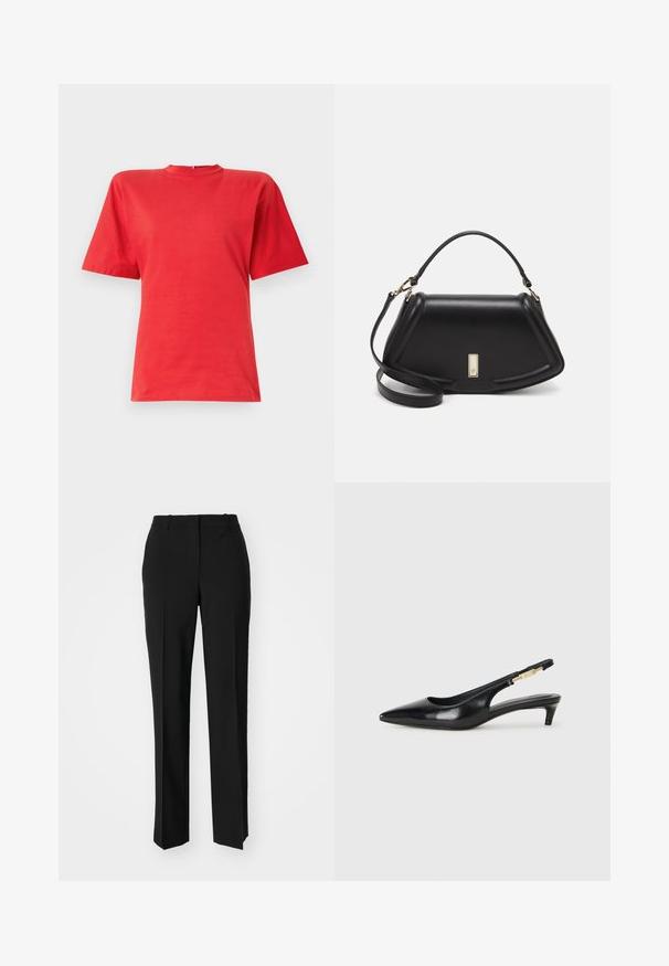 Rövid ujjas, sima anyagból készült piros póló, kerek nyakkivágással és laza szabással. Egyszerű dizájn, minták vagy díszítések nélkül.; Fekete, testhezálló nadrág egyenes szárú kivitelben, sima textúrával és éles redőkkel az elején. Nincs látható fémalkatrész.; Fekete bőr slingback magassarkúk, hegyes orral, vékony sarkakkal és arany színű részlettel a állítható pánton. Simа felület.; Fekete bőr kézitáska, strukturált dizájnnal, rövidített formával, felső fogantyúval és arany színű kiegészítőkkel. Állítható vállpánt is tartozik hozzá.