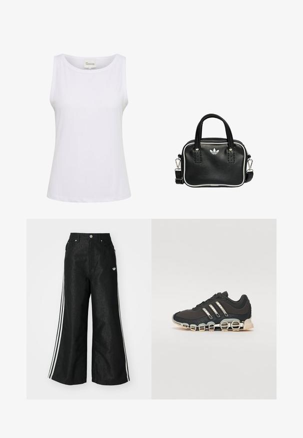 Weißes ärmelloses Top aus Rippstoff mit Rundhalsausschnitt und einem leicht lockeren Schnitt. Das Etikett trägt die Aufschrift "MEINE WESENTLICHE GARDEROBE", Größe M.; Schwarze, weit geschnittene Jeans mit drei weißen Streifen an jeder Seite und einem kleinen weißen Logo. Mit vorderen Taschen und einem Knopfverschluss.; Schwarzer Sportschuh mit einer strukturierten Oberseite, drei silbernen Streifen und einer markanten Dämpfungssohle mit mehreren integrierten Sektionen.; Schwarze Lederhandtasche mit zwei kurzen Griffen, silbernem Zubehör, weißen Akzenten und einem weißen Logo. Verfügt über eine strukturierte Oberfläche und ein kompaktes Design.