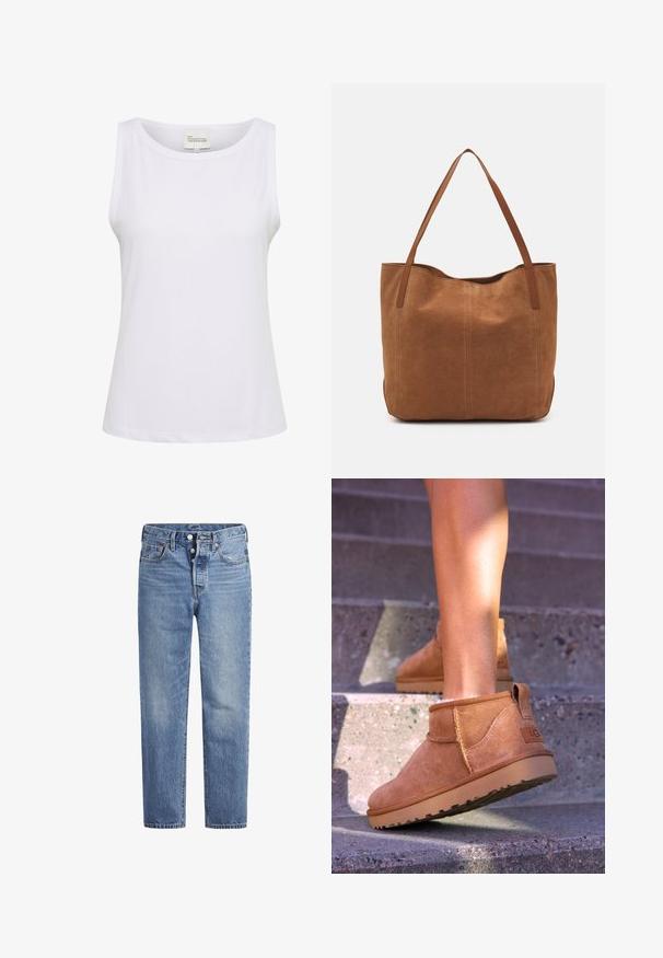 Hvid, ærmeløs top lavet af ribbet stof, med rund halsudskæring og en let afslappet pasform. Mærket siger "MIN ESSENTIELLE GARDEROBE," størrelse M.; Lyseblå denimjeans med lige pasform, fem-lomme-design og knaplukning. Har subtile falmede detaljer og orange søm.; Tan ruskind ankelstøvler med en blød tekstur, stikninger og en gummisål, der har en løkkehælkappe for nem på- og aftagning.; Brun ruskinds tote bag med to lange håndtag, der har en glat tekstur, enkelt design og ingen synlige metaldele eller accenter.