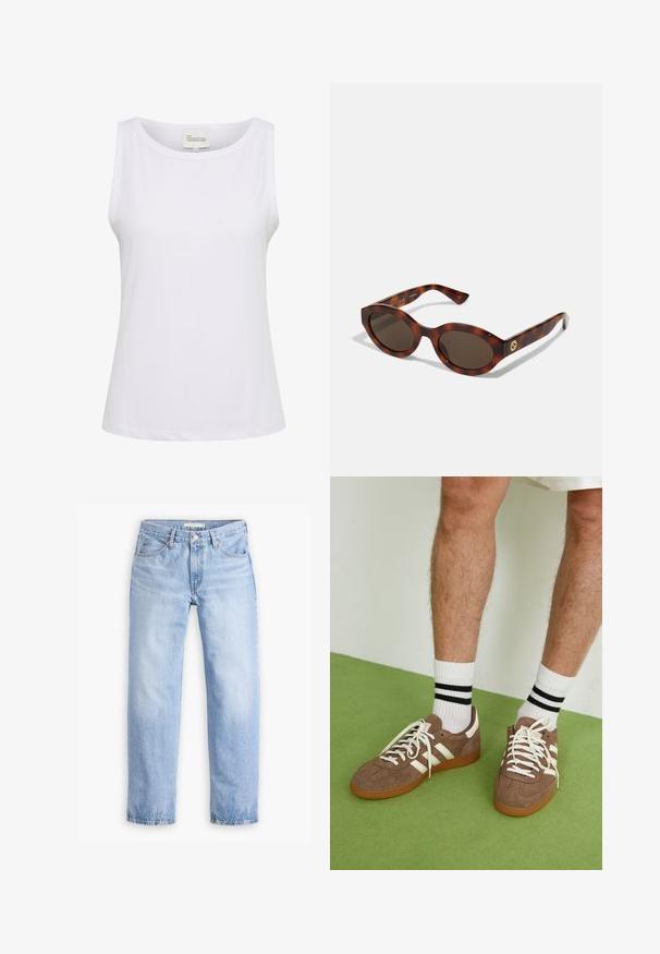 Top alb fără mâneci, din țesătură cu dungi, cu un decolteu rotund și o croială puțin mai lejeră. Eticheta indică "GARDEROBA MEA ESENȚIALĂ," mărimea M.; Jeans din denim de culoare albastră deschisă, cu un design drept, cinci buzunare și talie medie. Prezintă o textură decolorată și tiv cusut.; Adidași maro din suede cu accente și șireturi albe. Talpă din cauciuc de culoare caramel. Purtați cu șosete albe cu dungi negre. Pardoseală verde texturată.; Ochelari de soare din tortoiseshell cu rame rotunde, lentile întunecate și detalii cu logo auriu pe brațe. Material plastic neted, fără modele vizibile.