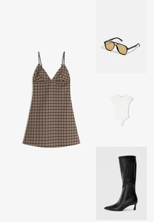 Biele body s krátkymi rukávmi vyrobené z mäkkého, elastického materiálu, s priliehavým strihom, okrúhlym výstrihom a spodnou časťou v štýle tanga.; Hnedo-bežový kostkovaný šaty s tenkými ramienkami, majúce výstrih do V a voľný strih. Vyrobené z ľahkej látky s hladkou textúrou.; Čierne kožené čižmy po kolená s ostrou špičkou a skromným podpätkom. Hladká textura a elegantný dizajn s jemnými stehovými detailmi.; Čierne slnečné okuliare s hnedými farebnými šošovkami; obdĺžnikový tvar s hrubým rámom, vrátane jemných kovových akcentov na stranách.; Čierna kožená trojuholníková kabelka s jedným nastaviteľným ramenným popruhom a mäkkou, mierne zloženou štruktúrou.