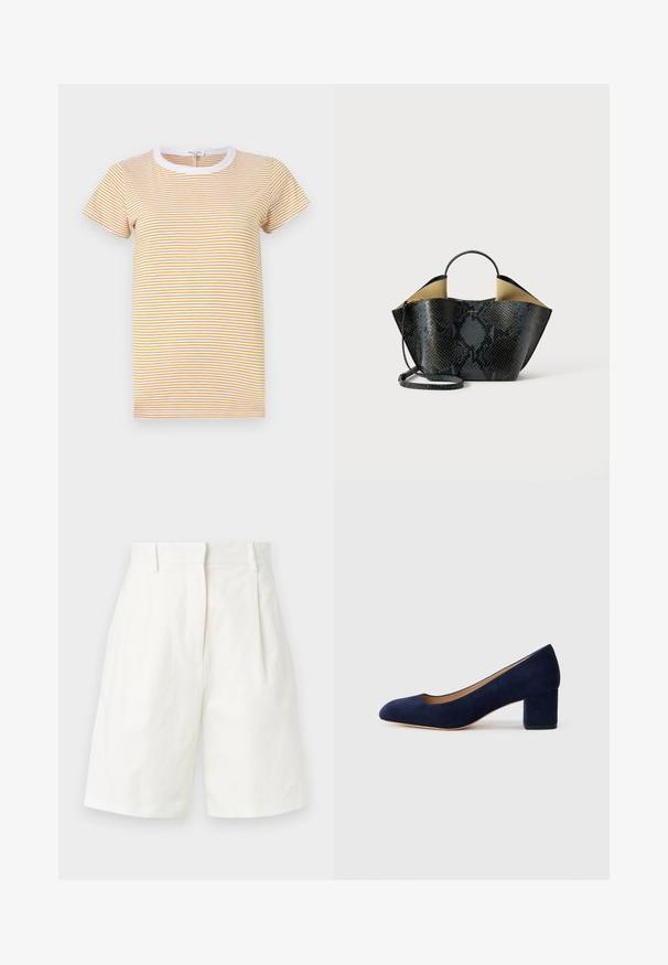 rag & bone THE SLUB STRIPE TEE - Tricou cu imprimeu - yellowmult; WEEKEND MaxMara ECUBA - Pantaloni scurți - white; Pantof cu toc din suede bleumarin, cu vârful ascuțit și un toc de înălțime medie în formă de bloc. Textură netedă cu o strălucire subtilă și o mică decupare în față.; Geantă cu un model din piele de șarpe negru și gri, cu un design structurat, mânere duale și o curea pentru umăr ajustabilă. Dispune de un interior bej.