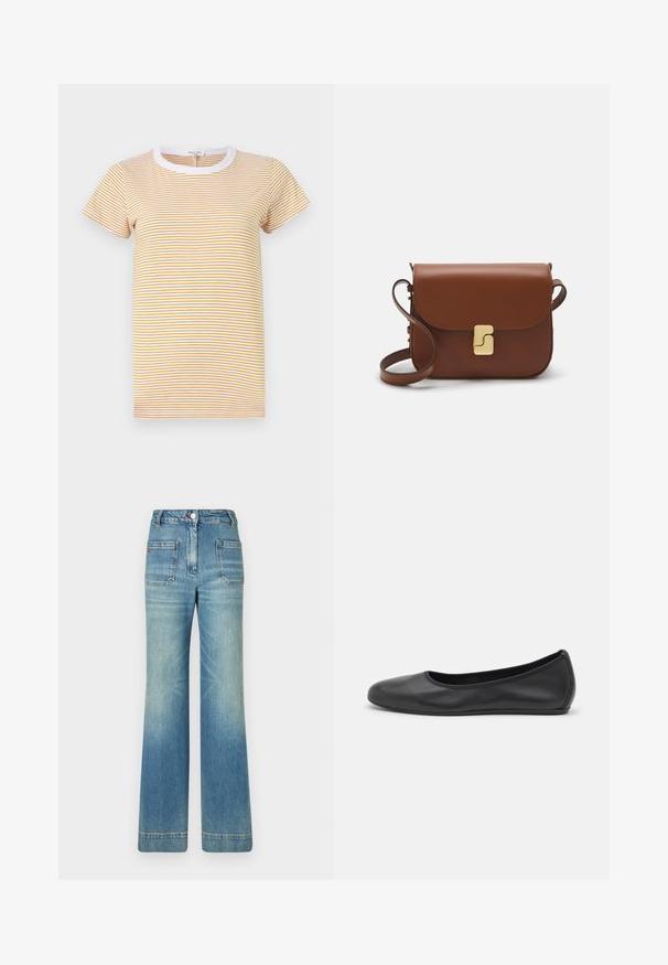 rag & bone THE SLUB STRIPE TEE - T-Shirt print - yellowmult; Helle blaue, ausgestellt geschnittene Jeans aus Denim mit fünf Taschen, Gürtelschlaufen, Knopfverschluss und einer leicht verblassten Textur, die ein rotes Logodetail auf der Rückseite aufweist.; Schwarze Leder-Ballettschuhe mit abgerundeter Spitze, glatter Textur, minimalen Nähdetails und einem flexiblen Sohlen-Design.; Braune Ledertasche mit Klappenverschluss, Beschlägen in Goldfarbe, einem Schultergurt und einer glatten Oberfläche. Kompakte rechteckige Form.
