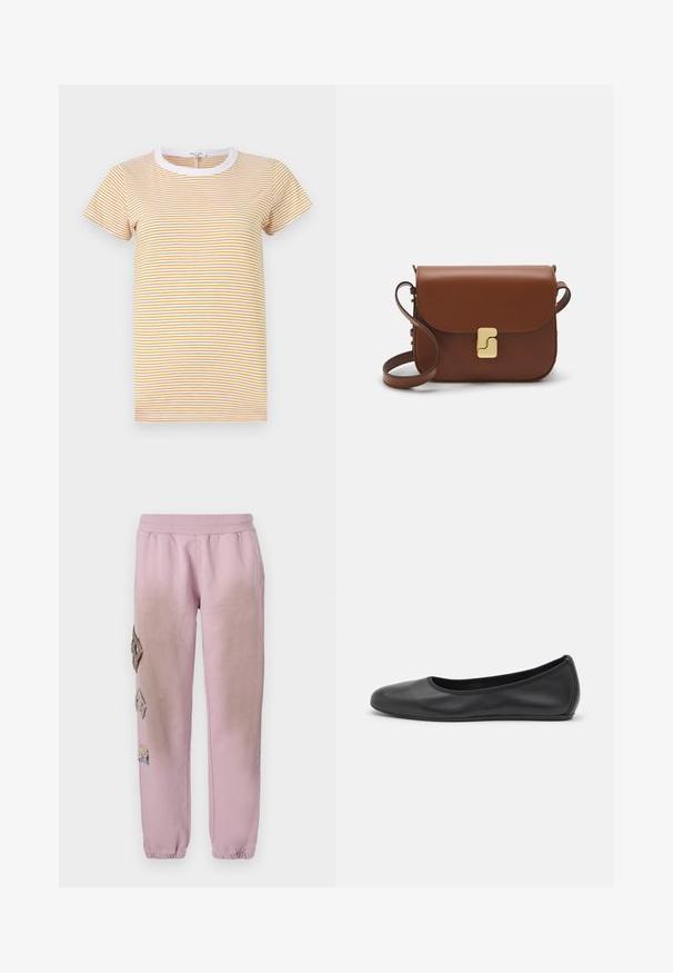 rag & bone THE SLUB STRIPE TEE - T-Shirt print - yellowmult; Rosa Sweatpants mit elastischem Bund, verziert mit dekorativen Patches in Diamantform auf der linken Seite und elastischen Bündchen an den Knöcheln.; Schwarze Leder-Ballettschuhe mit abgerundeter Spitze, glatter Textur, minimalen Nähdetails und einem flexiblen Sohlen-Design.; Braune Ledertasche mit Klappenverschluss, Beschlägen in Goldfarbe, einem Schultergurt und einer glatten Oberfläche. Kompakte rechteckige Form.