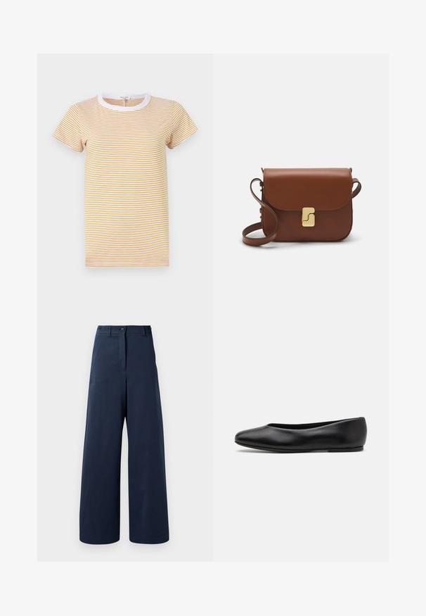 rag & bone THE SLUB STRIPE TEE - T-shirt con stampa - yellowmult; Pantaloni a gamba larga blu navy realizzati in tessuto morbido, con vita alta, due bottoni anteriori, due tasche laterali e orli dritti.; Paul Smith TOPANGA - Ballerine - black; Borsa a tracolla in pelle marrone con chiusura a pattina, hardware color oro, tracolla e una finitura liscia. Forma rettangolare compatta.