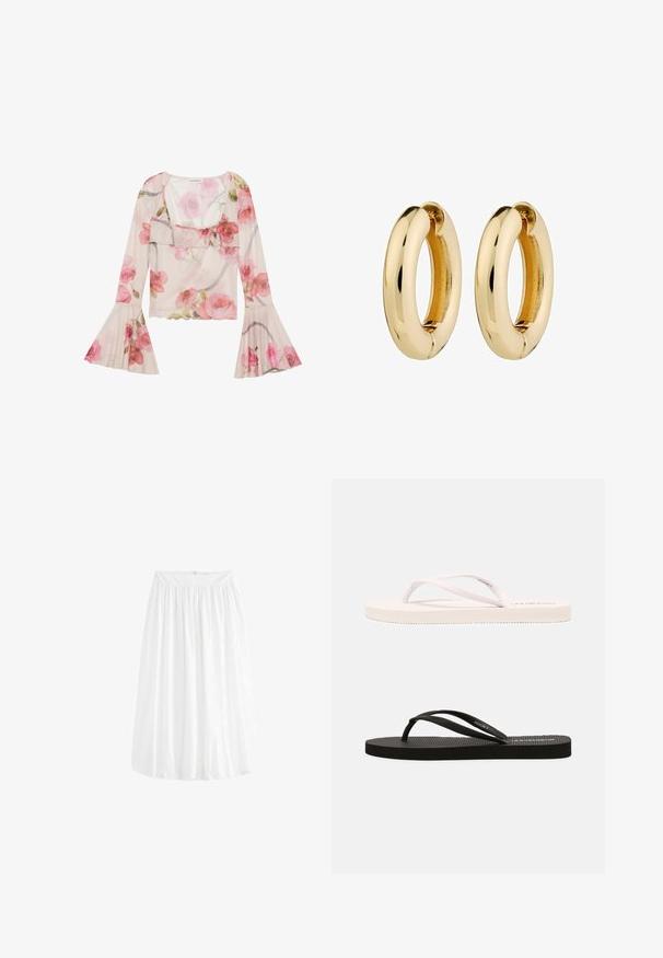 Lillelillane blouse, mis on valmistatud läbipaistvast kangast, millel on kellukesed varrukad, rüüstatud kaelus, roosad rooside mustrid ning kergelt õhuline disain.; Valge, põlvini ulatuv seelik, mis on valmistatud kergest kangast. Omab elastset vöökohta, mis tagab reguleeritava sobivuse, ja pehmet langevat lõike.; Valged ja mustad kummist plätud tekstuursete talladega, õhukeste rihmadega ning kontrastsete värvidega. Igal paaril on lihtne disain ja minimaalsed brändingud.; Kullatud rõngassõrmused sujuva, poleeritud pinna ja ümarate kujunditega. Siseküljel on peen jagamisdetail kinnitamiseks.