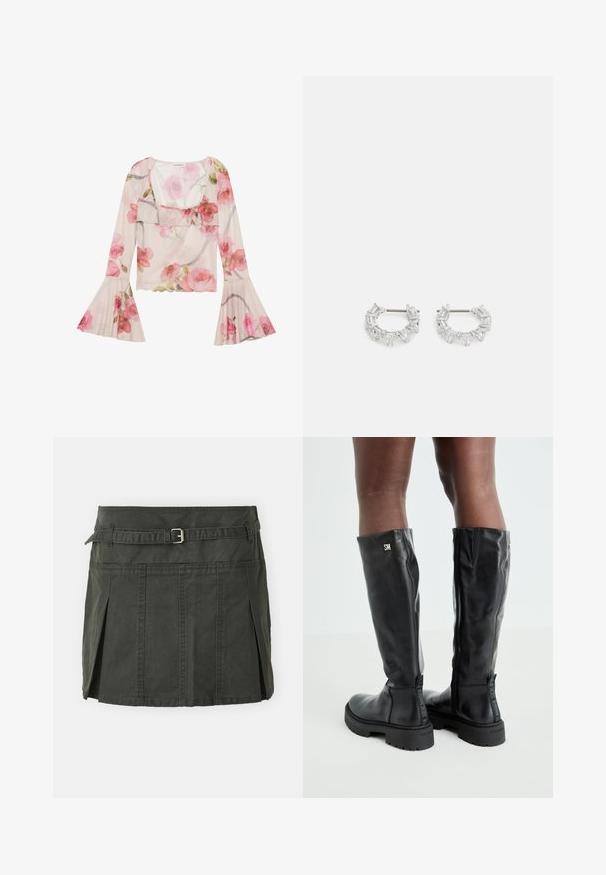 Kukkalinen paita, joka on valmistettu läpinäkyvästä kankaasta. Siinä on kellotipit, röyhelökaulus, vaaleanpunaisia ruusukuoseja ja kevyt, ilmava muotoilu.; Tumma vihreä, puuvillainen minihame, jossa on istuva vyötärö, vyö ja etupleatit. Ominaisuuksiin kuuluu ompeluyksityiskohtia ja klassinen leikkaus.; Mustat polvipituiset nahkasaappaat, joissa on sileä pinta, pyöreä kärki, paksu pohja ja vetoketjusuljin. Sivussa hopeinen logo.; Hopeat renkaat, joissa on läpinäkyviä suorakulmio- ja kolmiomuotoisia kiteitä, jotka on järjestetty kuvioituna. Korkealaatuiset kiinnityspisteet turvallista kiinnittämistä varten.