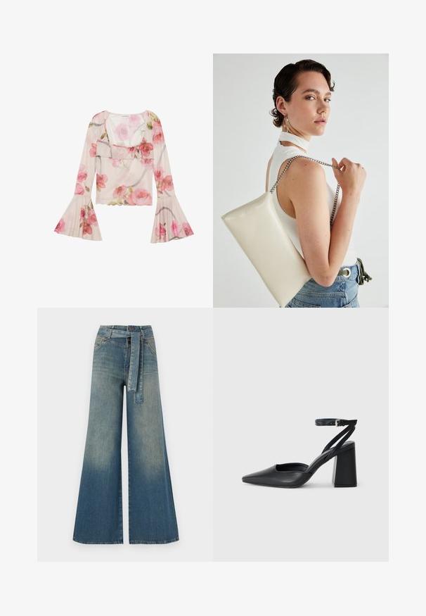 Blomstrete bluse laget av gjennomsiktig stoff, med bell-sleeves, volangdetaljer ved halsen, rosa rosemønstre og et lett, luftig design.; Bredde ben jeans med en lyseblå til mørkeblå gradient, høyt liv, beltehemper og et matchende belte i samme stoff. Teksturert denimoverflate.; Svart lær pumps med spiss tå, ankelrem og kraftig hæl. Flat tekstur, strømlinjeformet design og minimalisme.; Hvit rektangulær clutch-veske laget av blankt materiale, med en sølvkjede-stropp. Modellen poserer og viser vesken mot en ensfarget bakgrunn.