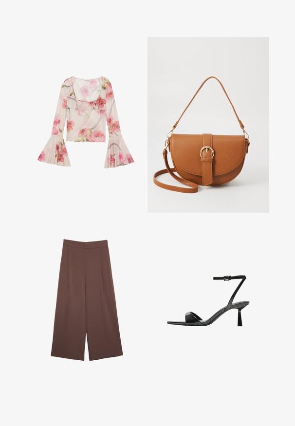 Cvečni bluzon iz prosojnega materiala, z zvonastimi rokavi, nabranim ovratnikom, vzorcem rožnatih vrtnic in lahkotno, zračno zasnovo.; Rjave široke hlače z gladko teksturo, ki imajo visok pas in sprednje naborke. Tkanina je lahka in prosto pada.; Bershka Sandali z visoko peto - black; Rjava usnjena torbica prek telesa s ukrivljeno obliko, zlate opreme in sponko. Ima odstranljiv naramni trak.