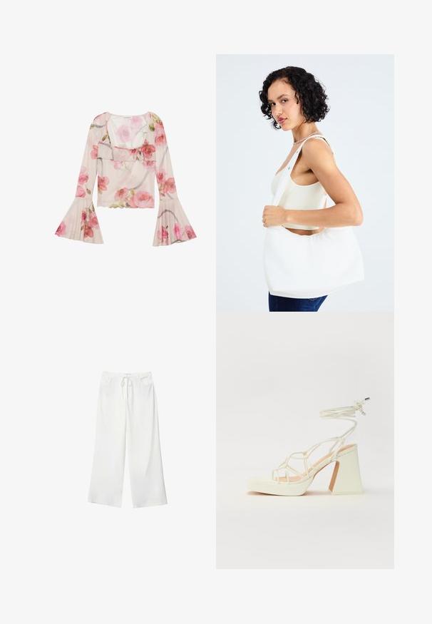 Květinová blůza vyrobená z průsvitné látky, s rozšířenými rukávy, volánkovým výstřihem, vzorem růžových růží a lehkým, vzdušným designem.; Bílé široké kalhoty vyrobené z měkké látky, které mají pružný pas a dvě přední kapsy. Hladký povrch a žádné viditelné vzory.; Bílé sandály na vysokém podpatku s robustním podpatkem, s designem s pásky a zavazováním kolem kotníku. Hladký povrch s platformou vpředu pro zvýšení výšky.; Bílá kabelka přes rameno vyrobená z hladkého materiálu, s oválným výřezem a širokým designem popruhu. Jednoduchá a moderní, bez viditelného hardwaru.