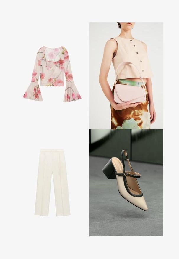Cvećna bluzica od prozirnog materijala, s zvonastim rukavima, volanastim izrezom, uzorcima ružičastih ruža i laganim, prozračnim dizajnom.; Hlače širokog kroja u svijetloj krem boji. Izrađene su od glatkog materijala s plisama sprijeda i bočnim džepovima.; Bež cipele s otvorenom petom i šiljastim vrhom, crnim obrubom, zlatnom kopčom i debelim blok-petom na sivom podu s tamnozelenom pozadinom.; Ružičasta kožna torba s zakrivljenim poklopcem, jednim remenom za rame i čistim linijama. Torba ima glatku teksturu i minimalistički dizajn.