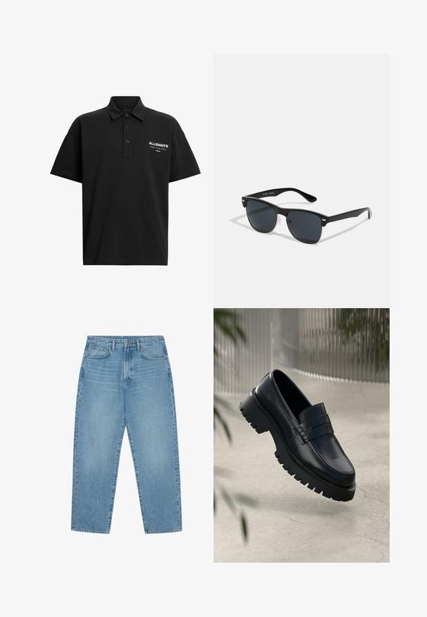 Fekete pamut poloing klasszikus gallérral, két gombbal és fehér nyomott logóval a bal mellrészen.; Világoskék farmernadrág egyenes szárú vágással, ötzsebes kialakítással és enyhén kifakult textúrával. Gombos és cipzáras záródással rendelkezik.; Fekete bőr loaferek masszív talppal, díszes pánttal és varrási részletekkel. Simább textúrájú, fényes felületű.; Fekete napszemüveg, téglalap alakú, sötét lencsékkel, ezüst részletekkel a szárakon, és matt felülettel a kereten.