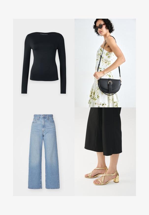 Top negro de manga larga hecho de una tela suave y elástica; presenta un escote amplio y un diseño ajustado. Estilo minimalista sin patrones o acentos visibles.; Jeans de tiro alto y pernera ancha en azul claro, con cierre frontal de botón y cremallera, y bolsillos delantero y trasero, sobre un fondo blanco.; Sandalias doradas de tiras con tacón ancho, que presentan tiras estrechas y un cierre de hebilla, sobre un fondo blanco liso.; Bolso de piel negra con forma curva, correa desmontable y herrajes dorados. El bolso cuenta con una solapa con un detalle de hebilla.